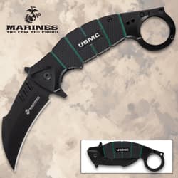 Black USMC karambit knife with curved blade