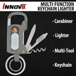 The Innov8 Multi-Function Keychain Lighter shown with its different features displayed