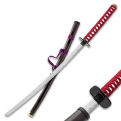 Katana with red handle and purple-wrapped scabbard