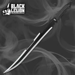 Black Legion Death Stalker Sword shown with jagged cutouts on blade, black nylon sheath, and cord wrapped handle.