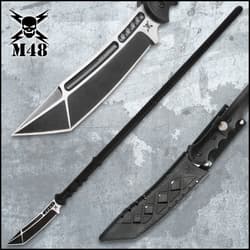 United Cutlery M48 Sabotage Tactical Survival Spear shown with 7 1/4” sharpened edge, black fiberglass and nylon handle, and custom sheath.