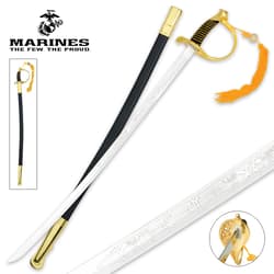 United Cutlery USMC Ceremonial Sword shown with United States Marines etching on blade and black and brass scabbard.