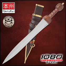 The Honshu Historic Forge Roman Mainz Pattern Gladius is shown both in and out of its scabbard next to the “Honshu” and “Historic Forge” logos.