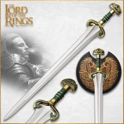 Lord of the Rings replica stainless steel sword of Théodred with a green enameled grip and hilt adjacent to wood wall display