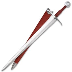 Sword with red handle and scabbard, angled view