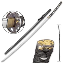 Japanese Odachi Samurai sword shown with detailed guard, beside wooden scabbard and with Japanese detailing on pommel.