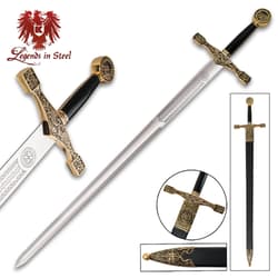 Legends in Steel Excalibur shown from five different views with gold accents and ornate guard, pommel, and scabbard.