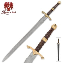 Legends in Steel sword shown with Damascus steel blade and heartwood handle with brass accents.