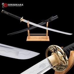 Sokojikara Golden Tiger Katana And Scabbard - T10 Clay Tempered Steel Blade, Genuine Black Rayskin, Brass Tsuba And Fittings -Length 39 3/4”