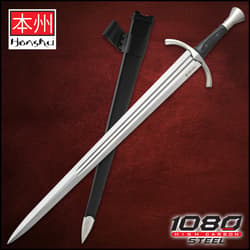 Sword with black handle and sheath on red background