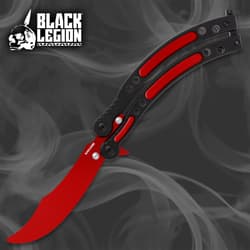 Red and black butterfly knife with smoke background
