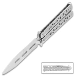 The High-Polish Stainless Steel Butterfly Knife both open and closed