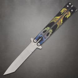 Butterfly knife with colorful dragon design on handle