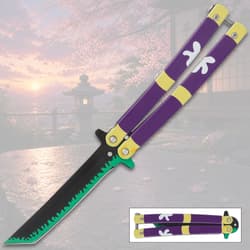 Colorful butterfly knife with scenic background
