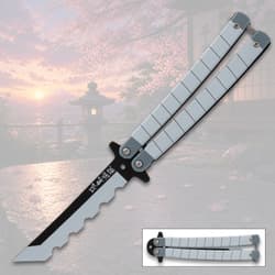 Butterfly knife with scenic background, open position