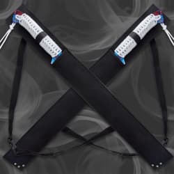 Crossed black sheaths with swords partially visible