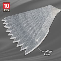 Close-up of 10 scalpel type blades fanned out on gray background