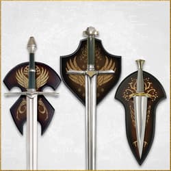Three swords mounted on decorative plaques with elven designs