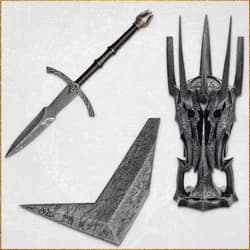 Medieval helmet, sword, and map on wooden table