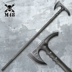 Tactical axe with detailed close-up on textured surface