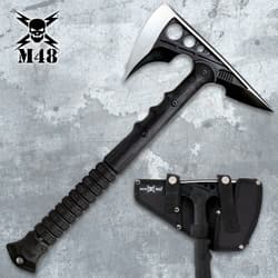 Single tactical tomahawk with black handle and sheath on textured background