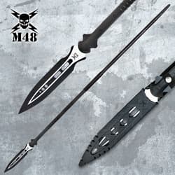 Black spear with silver blade and sheath on textured background
