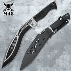 Two tactical knives, one with a sheath, on a textured background
