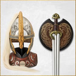 Helmet and sword with decorative shield from The Lord of the Rings