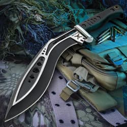 The 15 7/8&rdquo; overall, kukri knife has a razor sharp, 10 1/2&rdquo; curved blade, which extends from a stainless steel guard