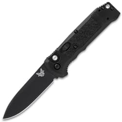 The automatic knife has a CPM-S30V steel drop point blade with a black finish