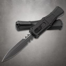 Two black serrated knives with textured handles on gray background