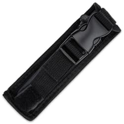 Large OTF automatic knife enclosed in a black nylon sheath with a buckle closure.