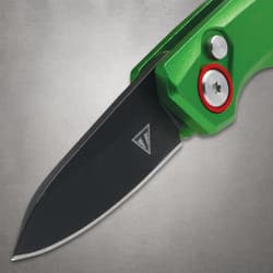 Close-up of green knife's black blade and button