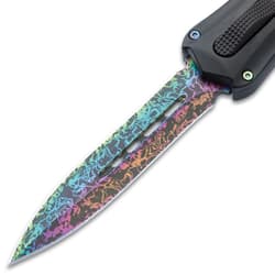 Close up image of the Damascus Automatic OTF Knife blade.