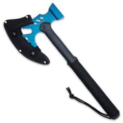 The 18” overall length tactical multi-tool’s blade is protected by the included snap closure, premium nylon blade sheath