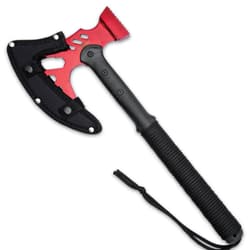 The 18” overall length tactical multi-tool’s blade is protected by the included snap closure, premium nylon blade sheath