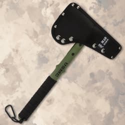 Tomahawk with black sheath covering the blade