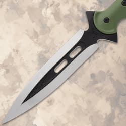 Close-up of a spear blade with black and silver design