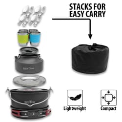 Full image showing how the 22 Piece Camping Cookware Mess Kit stacks for easy carry.