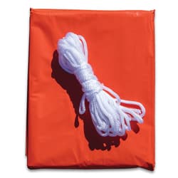 Full image of the AdventureGuard Orange Emergency Shelter folded with the string sitting on top.