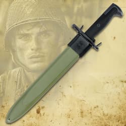 Bayonet sheathed in green scabbard with soldier background