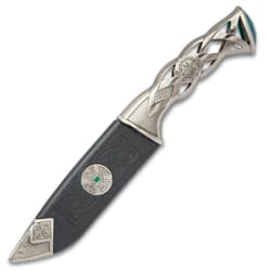 Twisted Celtic Dagger With Sheath - Stainless Steel Blade, Solid Steel Handle, Faux Emerald Accent - Length 10”