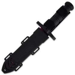 The survival knife comes in a sturdy TPU leg and belt sheath and the throwing knives come in a tough nylon belt sheath