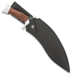 The 17 3/8” overall kukri knife slides smoothly into a genuine leather, basket-woven belt sheath with a snap strap closure