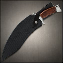 The 17 3/8” overall kukri knife slides smoothly into a genuine leather, basket-woven belt sheath with a snap strap closure