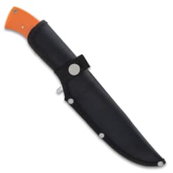 The fixed blade knife in its sheath