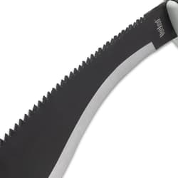 Close-up of serrated edge on black kukri blade