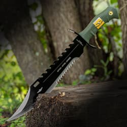 USMC Marine Recon Sawback Survival Giant Fixed Blade Bowie Knife - Durable Nylon Belt Sheath - Green Handle Black Blade Stainless Steel