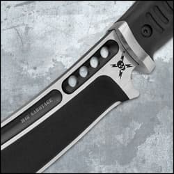 The knife is housed in a custom nylon belt sheath with a fitted Vortec blade cover.