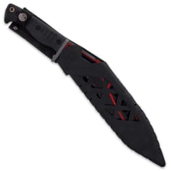 The fixed blade is 15 7/8” in overall length and can be carried and stored in a tough Vortec belt sheath